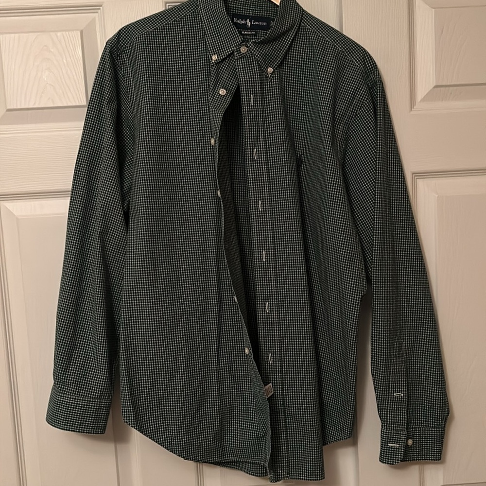 Polo Ralph Lauren Men's Green Checkered Shirt CLASSIC FIT 17 Neck 34/35 Length